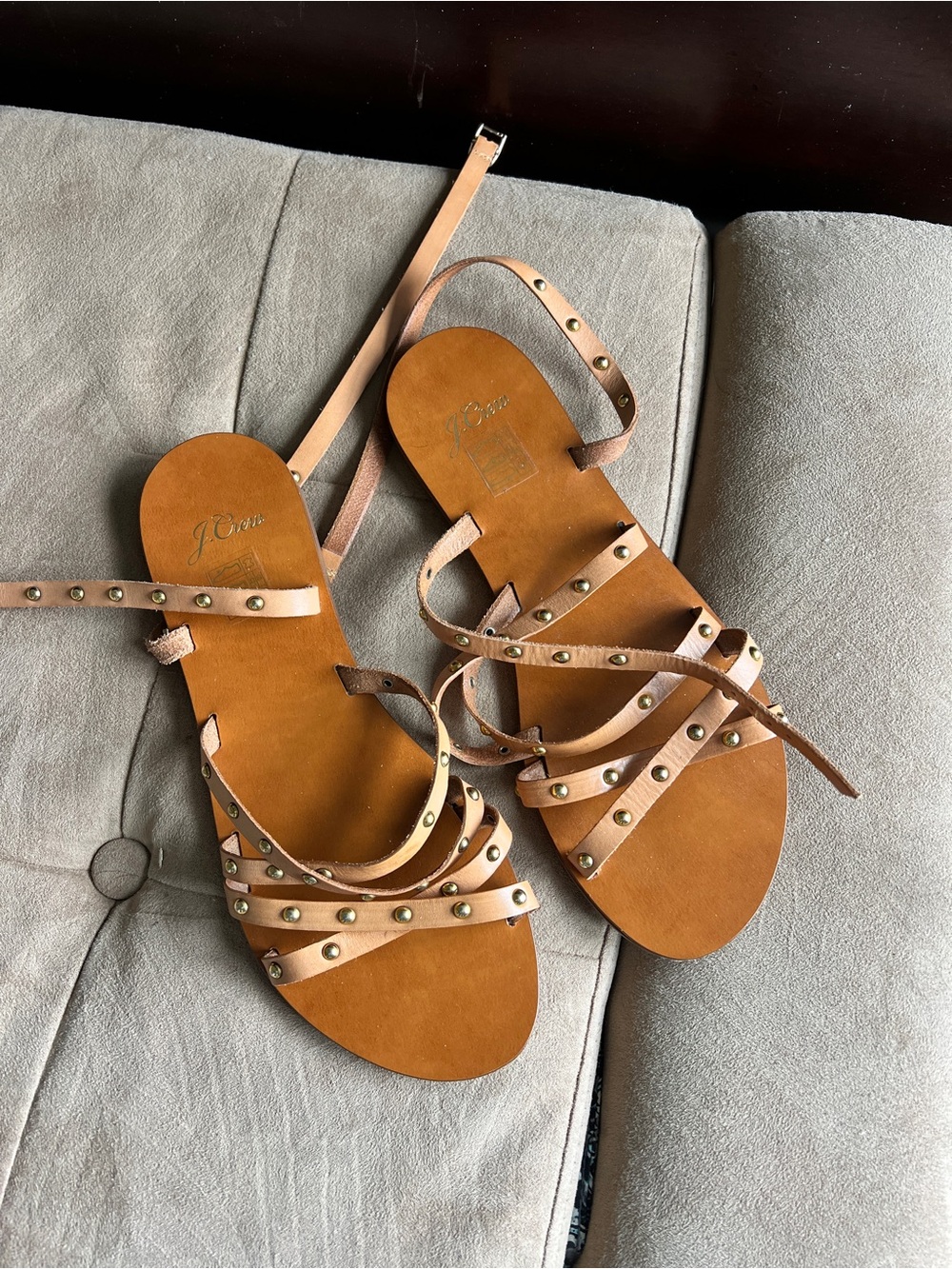 J. Crew Tan Leather Stud Embellished Strappy Sandals